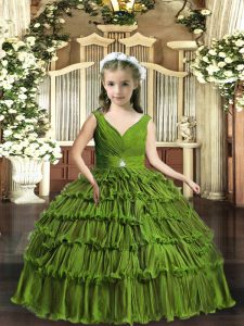 Amazing Olive Green Backless Kids Pageant Dress Beading and Ruffled Layers Sleeveless Floor Length