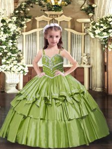 Fashionable Olive Green Straps Neckline Beading and Ruffled Layers Little Girls Pageant Dress Wholesale Sleeveless Lace 