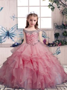 Fashion Pink Sleeveless Floor Length Beading and Ruffles Lace Up Winning Pageant Gowns
