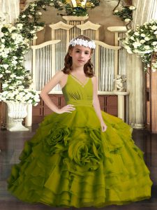 Olive Green Organza Zipper Pageant Gowns For Girls Sleeveless Floor Length Ruffled Layers