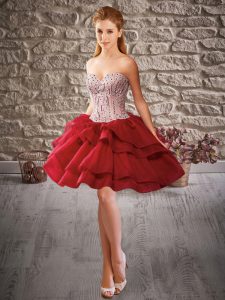 Wine Red Organza Lace Up Sweetheart Sleeveless Mini Length Celebrity Dress Beading
