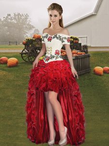 Red Organza Lace Up Homecoming Party Dress Sleeveless High Low Embroidery and Ruffles