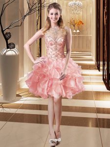 Pink Lace Up Scoop Beading and Ruffles Prom Dress Organza Sleeveless
