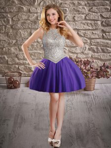 Purple Backless Evening Dress Beading Sleeveless Mini Length