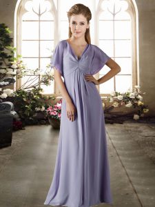 Excellent Lavender V-neck Neckline Ruching Quinceanera Dama Dress Short Sleeves Zipper