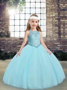 Luxurious Floor Length Lace Up Pageant Dress Toddler Aqua Blue for Party and Wedding Party with Beading and Appliques