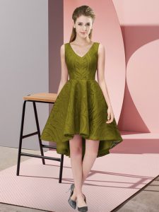 V-neck Sleeveless Zipper Bridesmaids Dress Olive Green Lace