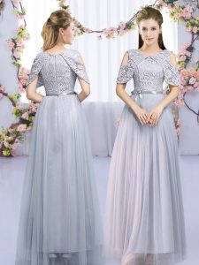 Lace and Belt Bridesmaid Dresses Grey Zipper Sleeveless Floor Length