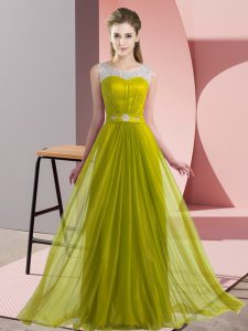 Olive Green Empire Scoop Sleeveless Chiffon Floor Length Lace Up Beading Bridesmaids Dress