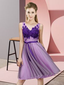 Lavender Bridesmaid Dress Wedding Party with Appliques V-neck Sleeveless Lace Up