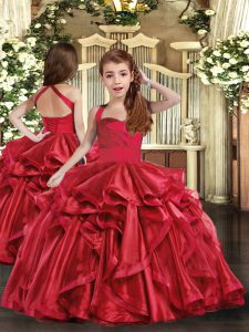 Red Lace Up Little Girls Pageant Gowns Ruffles Sleeveless Floor Length