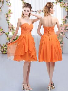 Enchanting Knee Length Orange Bridesmaid Gown Sweetheart Sleeveless Lace Up