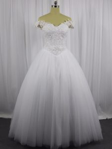 Ideal White Tulle Lace Up Off The Shoulder Sleeveless Floor Length Wedding Dresses Beading and Lace