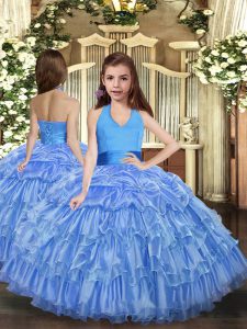 High Class Blue Ball Gowns Halter Top Sleeveless Organza Floor Length Lace Up Ruffled Layers Girls Pageant Dresses