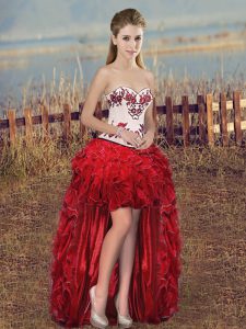 Sweet Red Sleeveless High Low Embroidery and Ruffles Lace Up Prom Dress