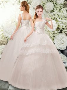 Romantic Sleeveless Lace Up Floor Length Beading and Lace and Hand Made Flower Wedding Gowns