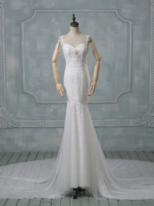 White Lace Backless Bridal Gown Sleeveless Court Train Beading and Lace