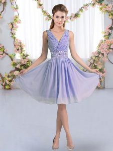Sweet Lavender Wedding Guest Dresses Wedding Party with Beading V-neck Sleeveless Zipper