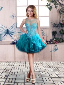 Blue Scoop Lace Up Beading and Ruffles Prom Party Dress Sleeveless