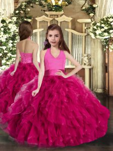 Fuchsia Sleeveless Tulle Lace Up Little Girls Pageant Gowns for Party and Wedding Party