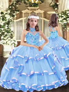 Sleeveless Lace Up Floor Length Appliques and Ruffled Layers Little Girls Pageant Dress