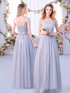 Discount Grey Scoop Neckline Lace and Belt Quinceanera Court of Honor Dress Sleeveless Side Zipper