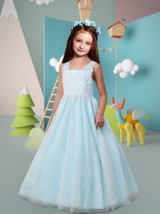 Customized Straps Sleeveless Flower Girl Dresses Floor Length Lace Light Blue Tulle