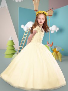 Gold Ball Gowns Lace Flower Girl Dress Lace Up Tulle Short Sleeves Floor Length