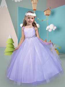 Floor Length Lavender Flower Girl Dress Tulle Sleeveless Belt