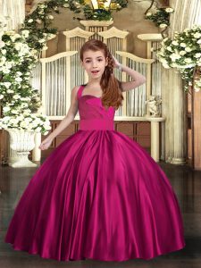Most Popular Straps Sleeveless Little Girls Pageant Dress Wholesale Floor Length Ruching Fuchsia Satin