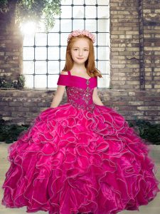Fuchsia Lace Up Pageant Dress for Womens Beading and Ruffles Sleeveless Floor Length