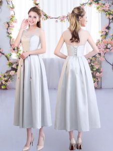 Silver Sleeveless Appliques Tea Length Bridesmaid Gown