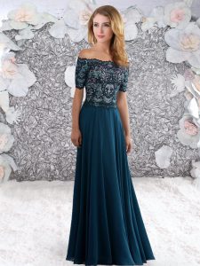 Clearance Off The Shoulder Short Sleeves Chiffon Prom Dresses Beading and Lace Zipper
