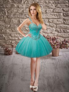 Ideal Straps Sleeveless Evening Dress Mini Length Beading Aqua Blue Tulle