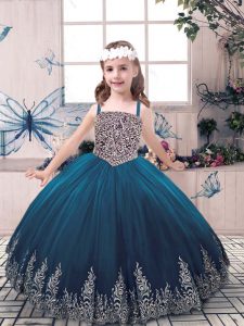 Teal Ball Gowns Beading and Embroidery Little Girl Pageant Dress Lace Up Tulle Sleeveless Floor Length