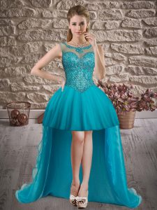 High Low Teal Prom Evening Gown Scoop Sleeveless Lace Up