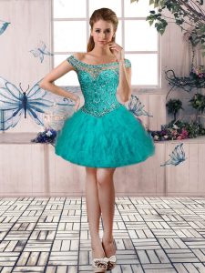 Colorful Turquoise Off The Shoulder Neckline Beading and Ruffles Dress for Prom Sleeveless Lace Up