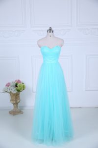 Sleeveless Floor Length Ruching Zipper Bridesmaid Dresses with Aqua Blue