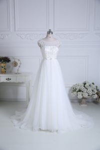 Best Selling White Tulle Lace Up Scoop Cap Sleeves Wedding Dresses Brush Train Beading and Belt