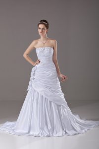 Nice White Wedding Gown Wedding Party with Beading and Pick Ups and Hand Made Flower Strapless Sleeveless Brush Train La