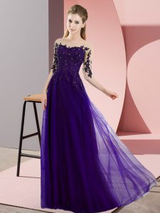 Fabulous Purple Lace Up Bateau Beading and Lace Court Dresses for Sweet 16 Chiffon Half Sleeves