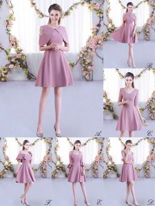 Fitting Pink Chiffon Zipper Bridesmaid Dress Half Sleeves Mini Length Ruching