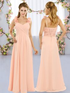 Peach Chiffon Lace Up Damas Dress Sleeveless Floor Length Hand Made Flower