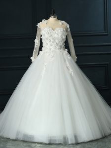 White Tulle Lace Up Scoop 3 4 Length Sleeve Wedding Dress Court Train Lace and Appliques