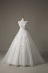 White Sleeveless Brush Train Beading and Lace and Bowknot Wedding Dress