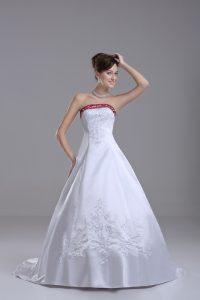 Great Strapless Sleeveless Satin Wedding Gown Beading and Embroidery Brush Train Lace Up