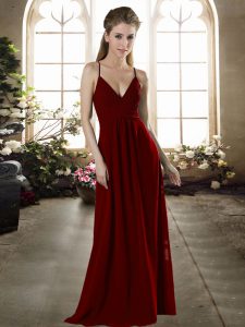 Wine Red Criss Cross Wedding Guest Dresses Ruching Sleeveless Floor Length