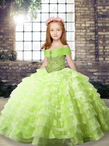 Lovely Yellow Green Pageant Gowns For Girls Straps Sleeveless Brush Train Lace Up