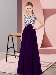 Purple Empire Chiffon Scoop Sleeveless Beading and Appliques Floor Length Zipper Bridesmaid Dresses