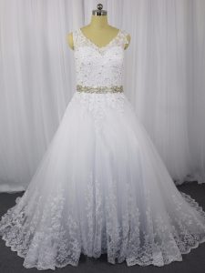 Inexpensive White Sleeveless Brush Train Beading and Lace Wedding Dresses
